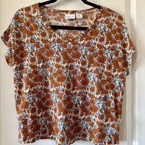 Rachel Zoe 100% Linen Rust Floral Boxy Tee | Relaxed Boho Top S